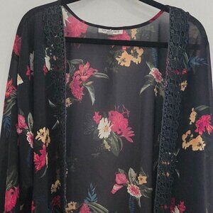 Woman's Sheer Floral Kimono-style Cardigan Lace Trim Size XL
